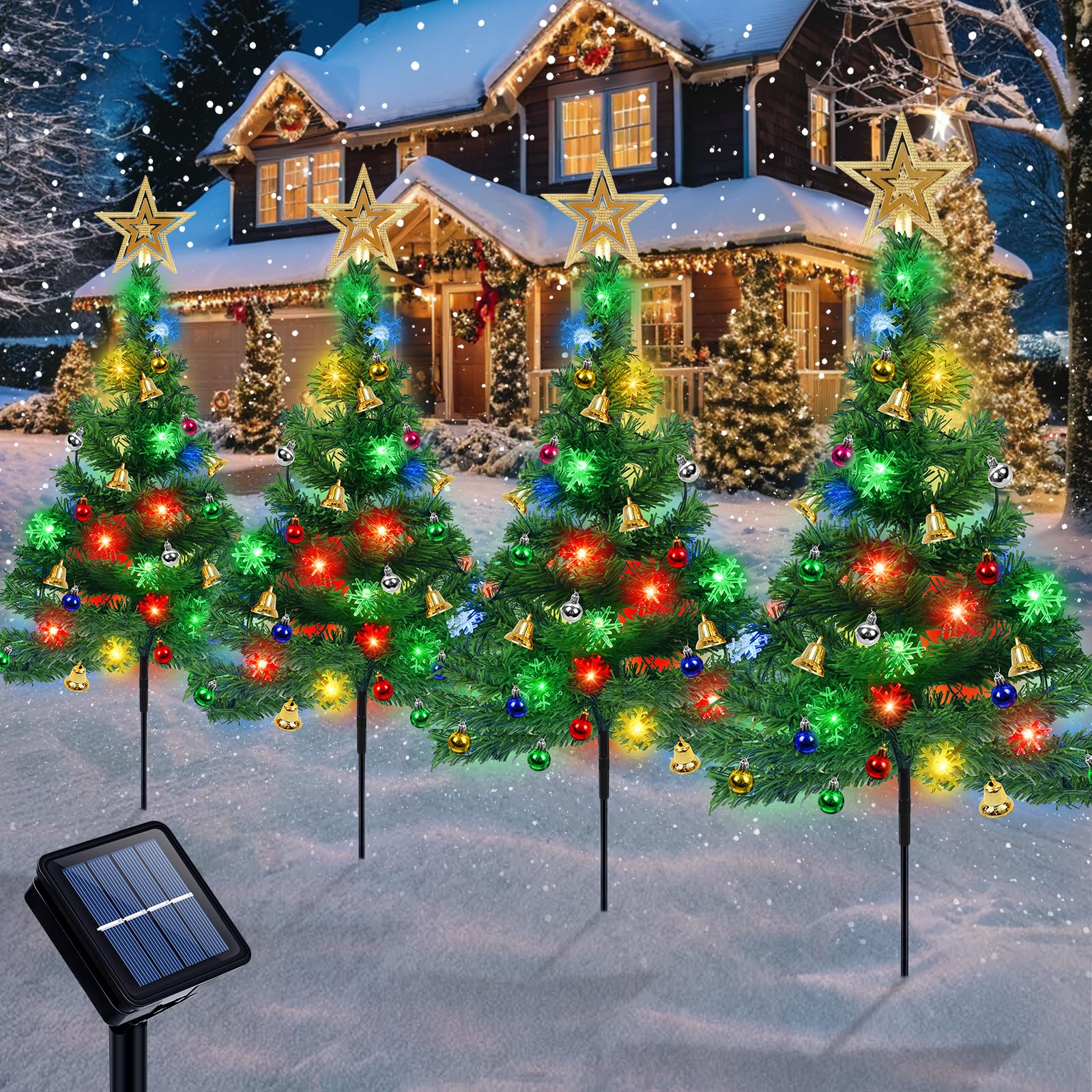 Solar Christmas Tree with Star Topper - 4 Pack with Snowflake 80LED Lights, Outdoor Garden Lights with Bells for Decoration