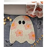 Ouyattle Cute Ghost Shaped Halloween Bath Mat Boho Vintage Floral Funky Halloween Bath Mat for Bathroom Aesthetic Decorations, Modern Abstract Cool Gothic Spooky Spirit Bathroom Rugs Non-Slip Washable