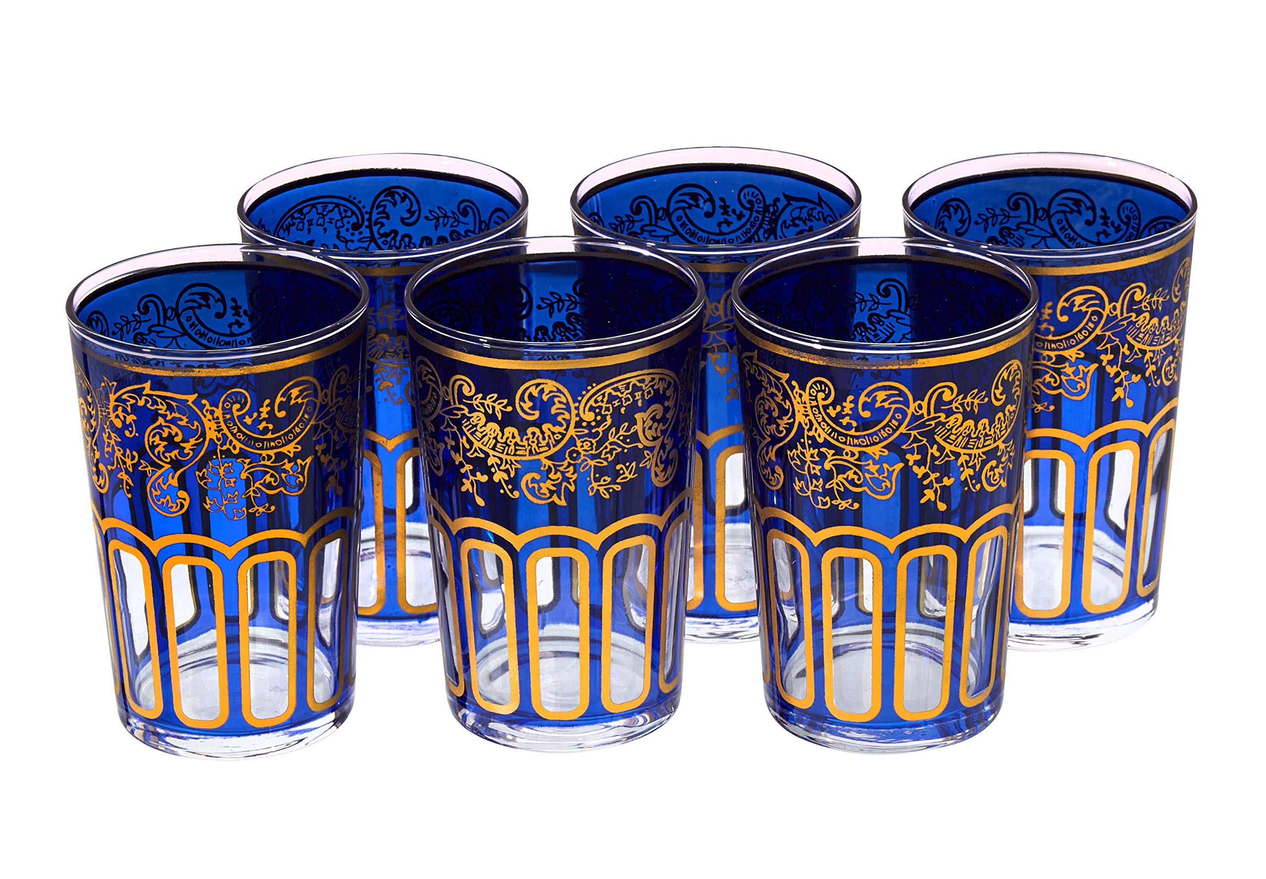 Moroccan Tea Glasses with a Beautiful Classical Moroccan Design Painted and Decorated by Hand Pack of 6 (Blue)