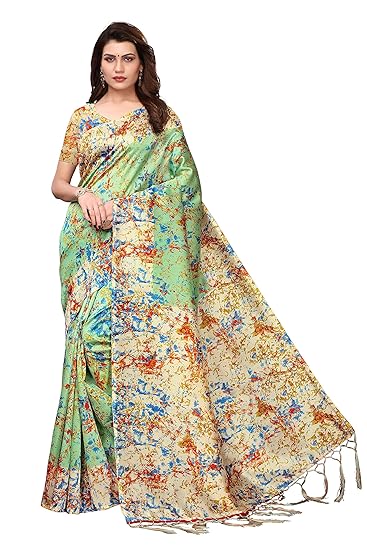 womens art silk kalamkari and bhagalpuri style saree with blouse piece Yellow-SPRAY