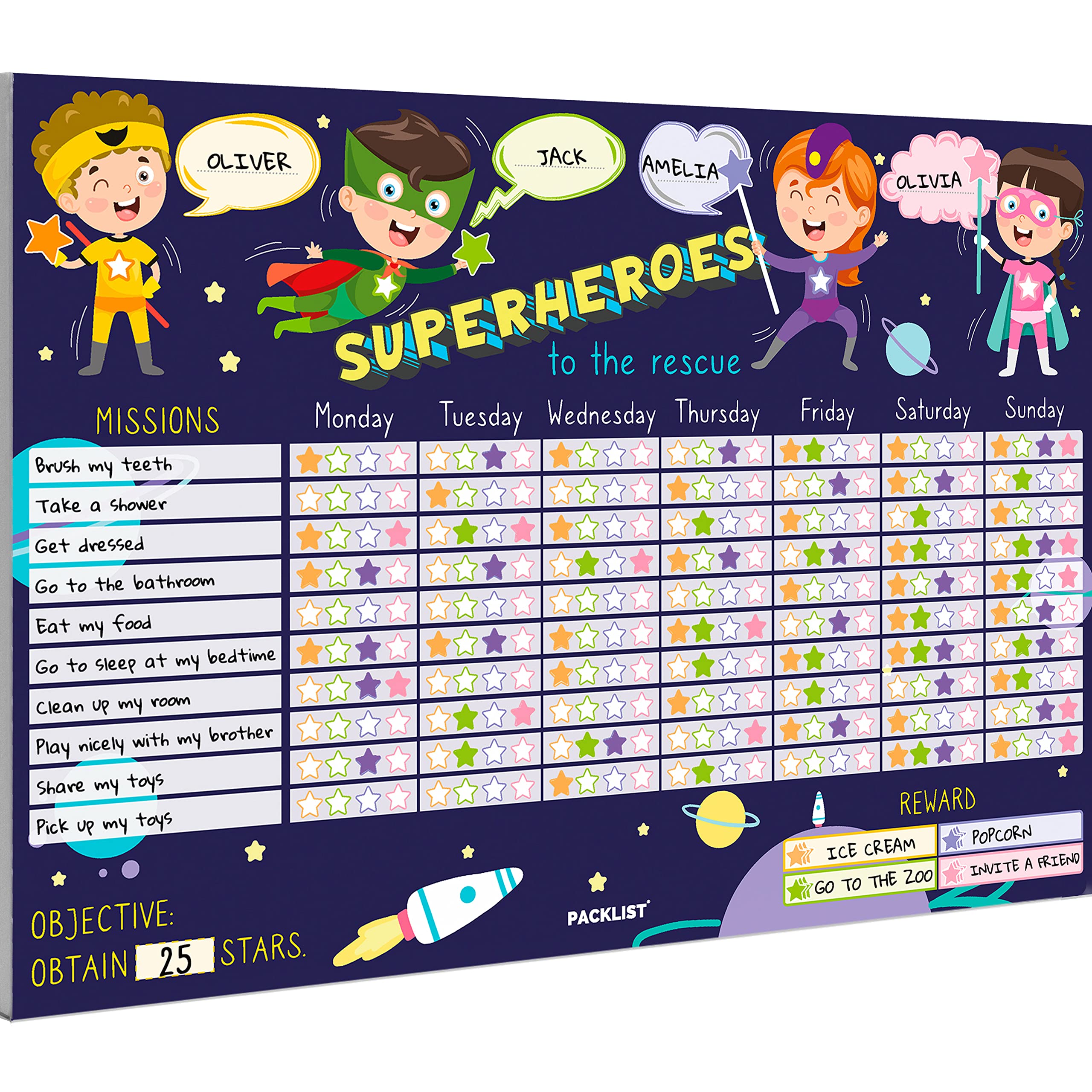 PACKLIST® Reward Chart for Superhero Children. Kids Reward Chart, Learning Positively - Educational Weekly Calendar for Missions: Superheroes to the Rescue of Stars