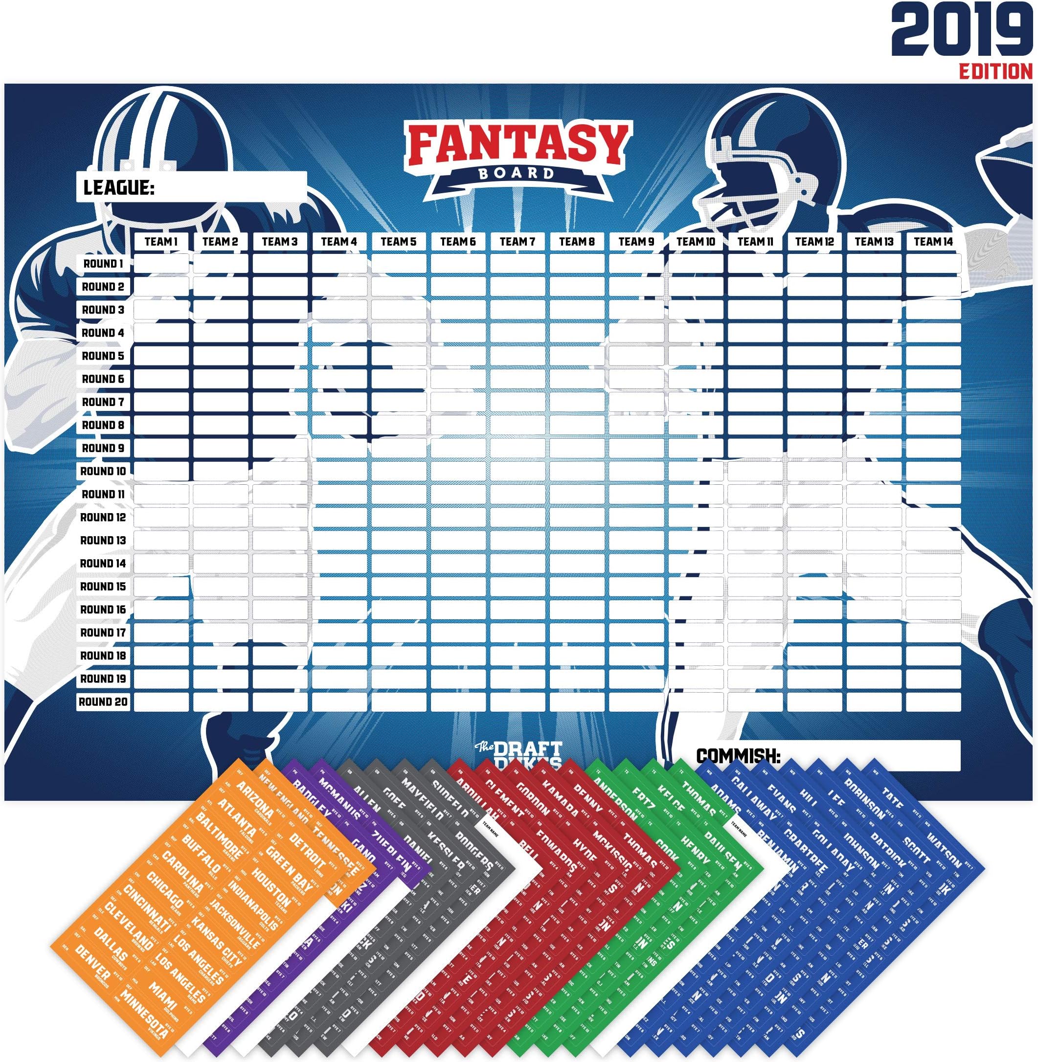Joyousa Fantasy Football Draft Board 2019 Kit with Player Labels - Full Color Extra Large - 14 Teams and 480 Name Stickers