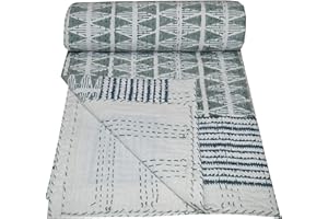 V Vedant Designs Indian Handmade Twin Cotton Hand Block Kantha Quilt Throw Blanket