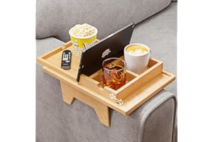 BESTJING Bamboo Sofa Armrest Tray - Clip on Side Table for Wide Couches Arm - 2 in 1 Couch Arm Table with Slide-Away Detachable Cup Holder Tray - Couch Arm Tray for Drinking Snacks iPad TV Remote
