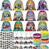 SNLN Monster Truck Party Favors Birthday Supplies for Boys Kids, Drawstring Bag Silicone Bracelet Keychain Tattoo Sticker Pinata Goodie Bag Stuffers Monster Truck Birthday Party Supplies Decor