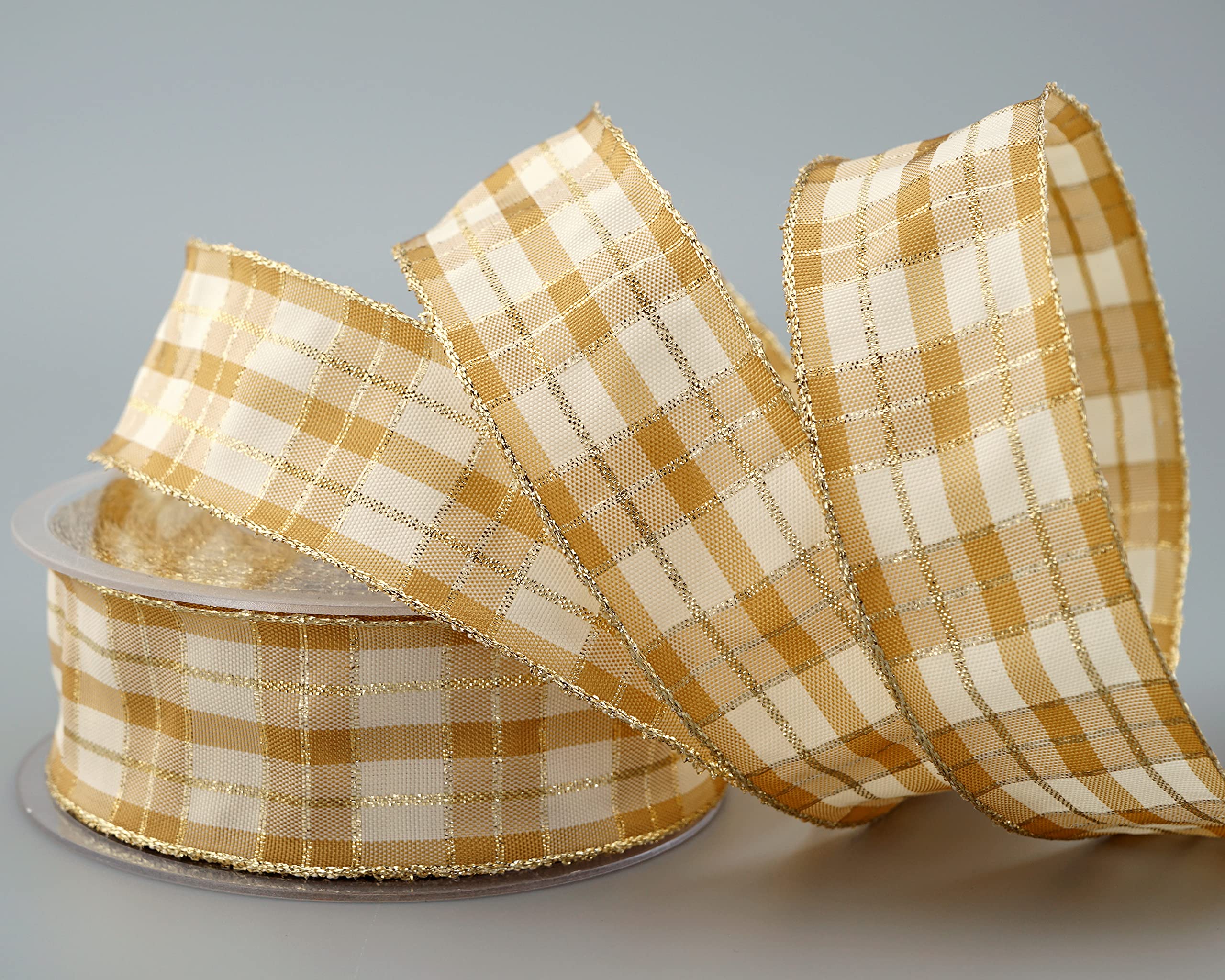 finemark 20 m x 40 mm Checked Christmas Ribbon Cream Gold (102) with Lurex Wired Edge Ribbon Decorative Ribbon Gift Ribbon Tartan Shiny Ribbon Gold Edge Wire Ribbon Winter Christmas Check