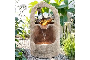 Autodaya 27" Outdoor Water Fountain with LED Lights,2-Tier Bird Natural Zen Garden Fountain, Relaxing Waterfall Floor, Yard, Porch or Deck Decor, Whether-Resistant, Faux Granite Texture