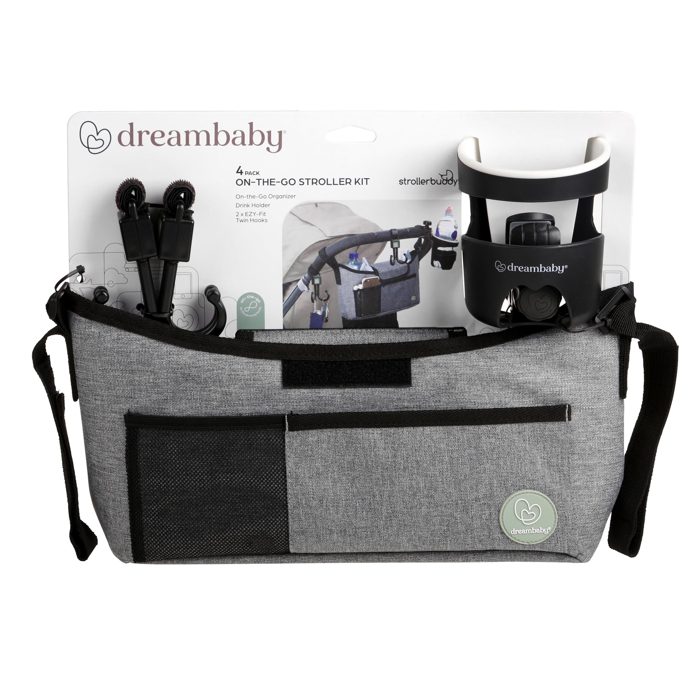 Dreambaby On-The-Go Stoller Organiser Combo Kit - Bag, Drink Holder and 2 Hooks