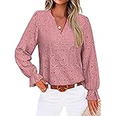 RUMIA Womens Blouses V Neck Eyelet Lace Tops with Lining Dressy Sheer Long Sleeve Shirts Embroidered Blouses 2025 Fashion