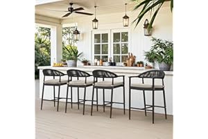 Cozyman Bar Stools Set of 4, 24.8'' Aluminum Outdoor Bar Stool with Removable Cushion, Boho Rattan BarStools, Olefin Rope Woven Bar Chairs with Footrest for Patio, Garden, Pool, Kitchen, Black