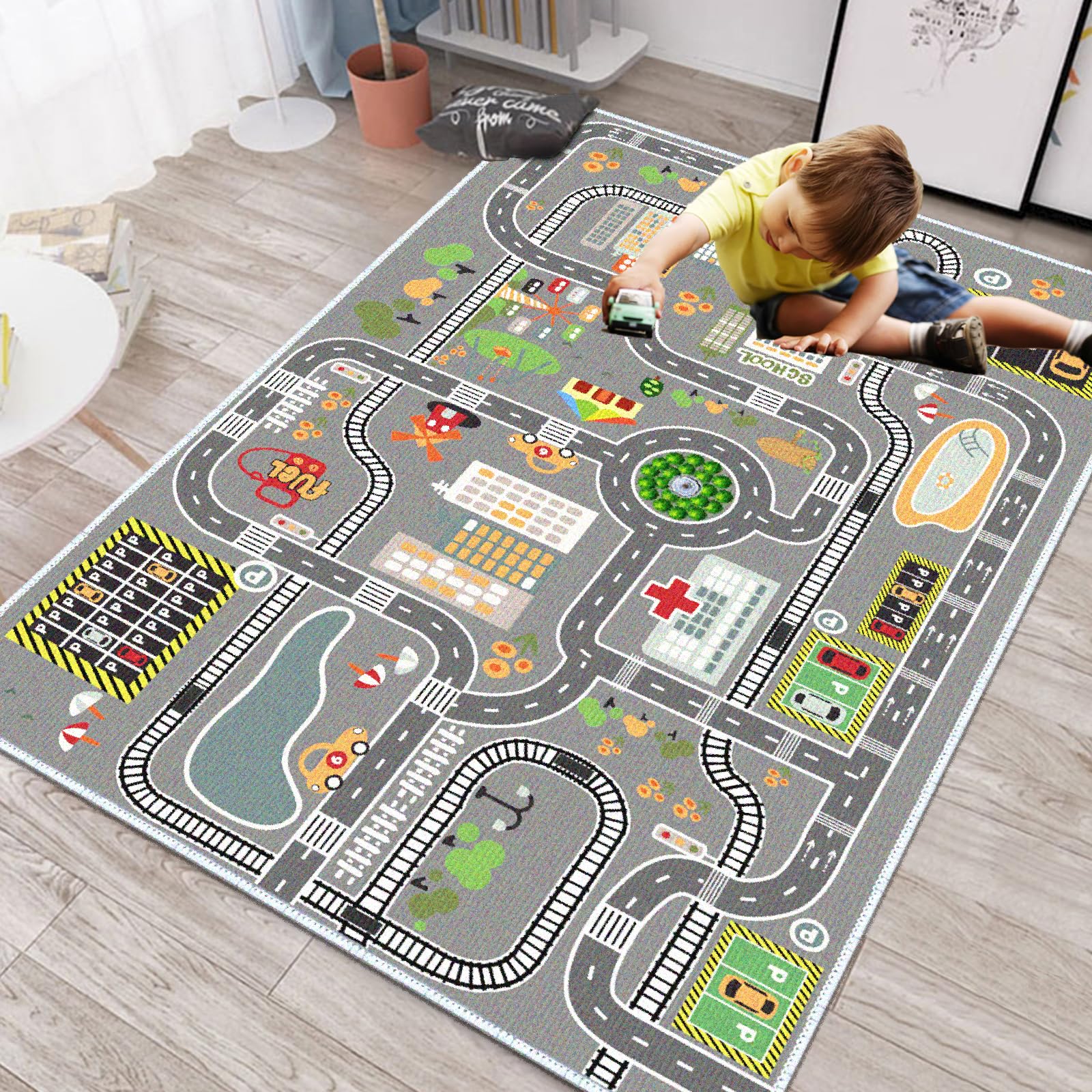 FODELIUY Kids Car Road Play Rug - City Life Design, Great for Playing with Cars and Toys, Durable and Safe Playmat for Ages 0-12, Gray(Size:80×120cm)