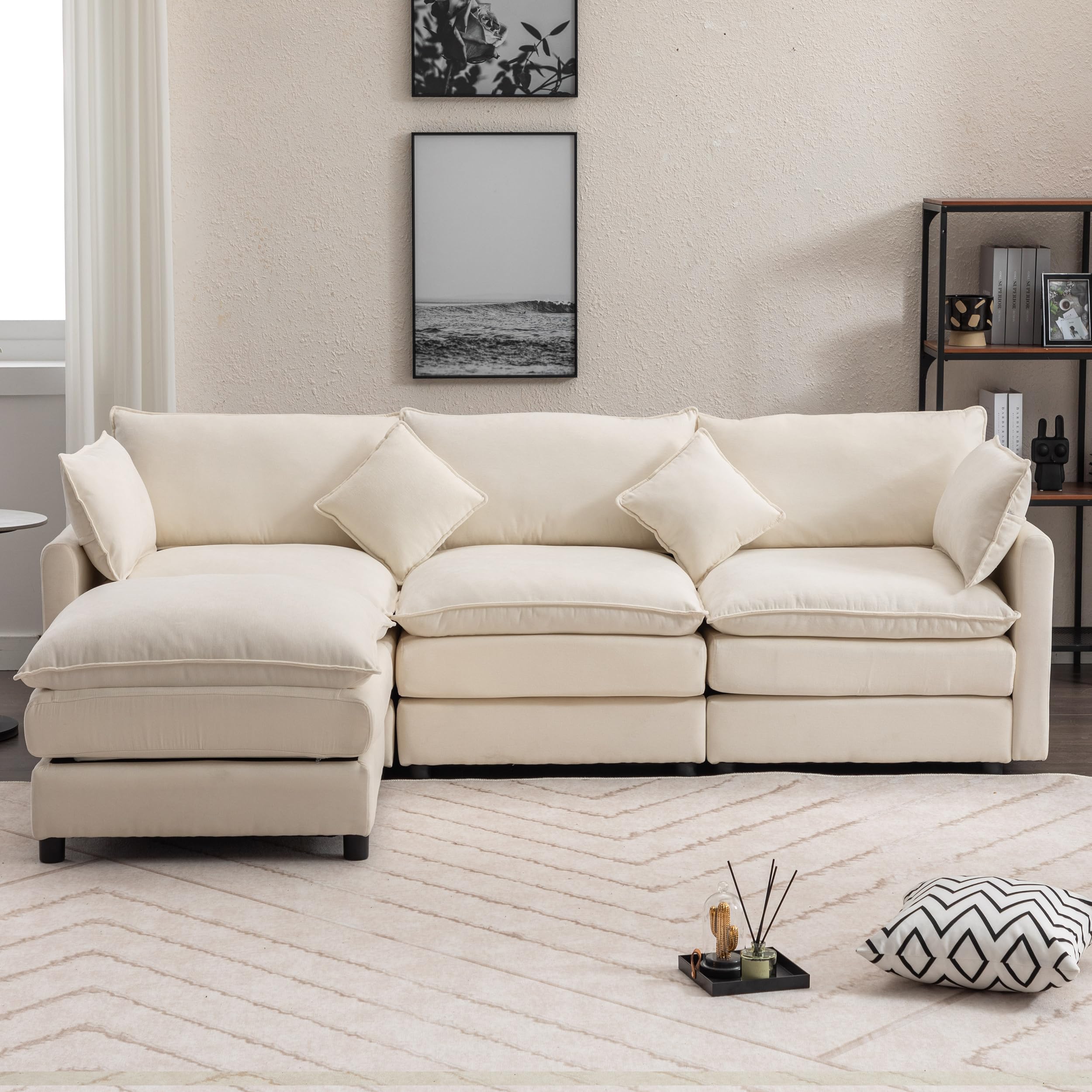 Photo 1 of DREAMODERN 101.18-Inch Modular Sectional Sofa Couch with Removable Ottoman, Modern Luxury L-Shape Upholstered Cloud Sofa Couch with 2 Pillows for Living Room Office Home - Beige