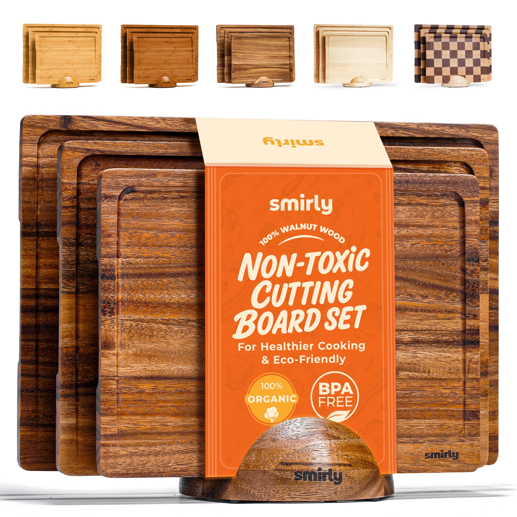 Photo 1 of SMIRLY Walnut Wood Cutting Boards for Kitchen, Set of 2 with Holder Large - Small, Walnut Wooden Cutting Board Set with Deep Juice Grooves, Non Toxic Serving Tray, Perfect Mother's Day Gifts