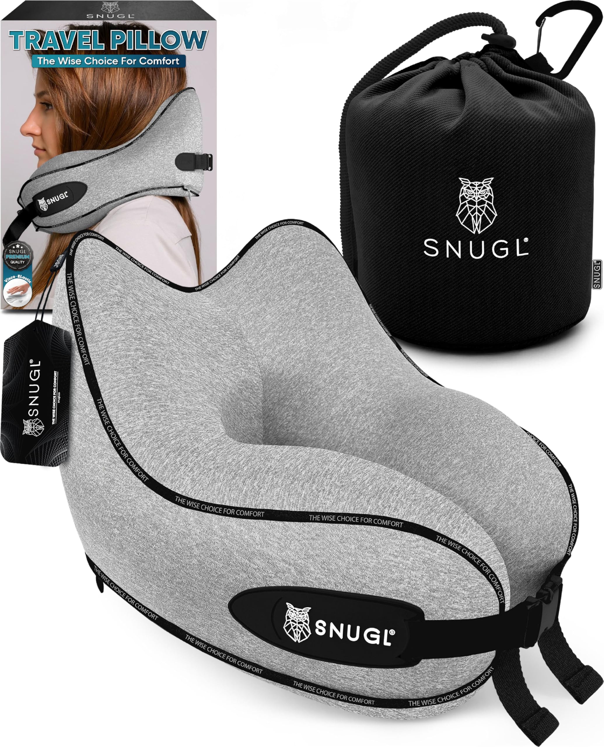 SNUGL Travel Pillow – Memory Foam Neck Pillow for Travel – Support Cushion for Airplane with Carry Bag & Clip - Holiday Essentials (Grey - Adult Regular)