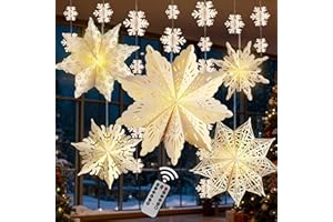OUMUAMUA 5Pcs Christmas Paper Snowflake Lanterns, Large Christmas Paper Star Lanterns with Lights & Banner White Hanging Snowflake Lamps for Xmas Winter Frozen Weddings Birthday Holiday Party Decorations
