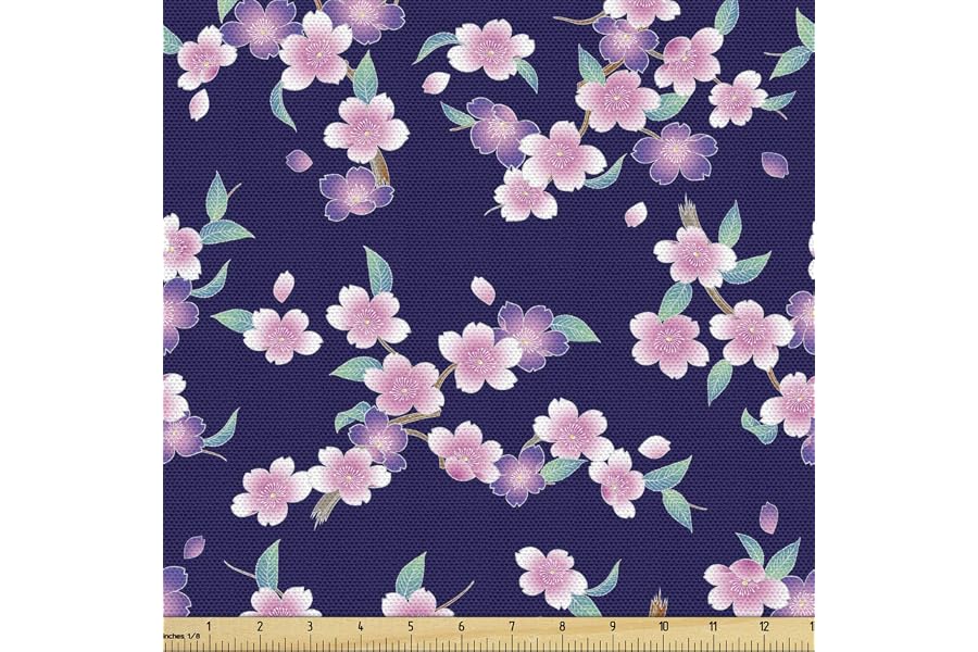 Lunarable Floral Fabric by The Yard, Japanese Cherry Blossoms Sakura Branches Spring Theme on a Dark Blue Background, Decorative Fabric for Upholstery and Home Accents, 2 Yards, Navy Pink