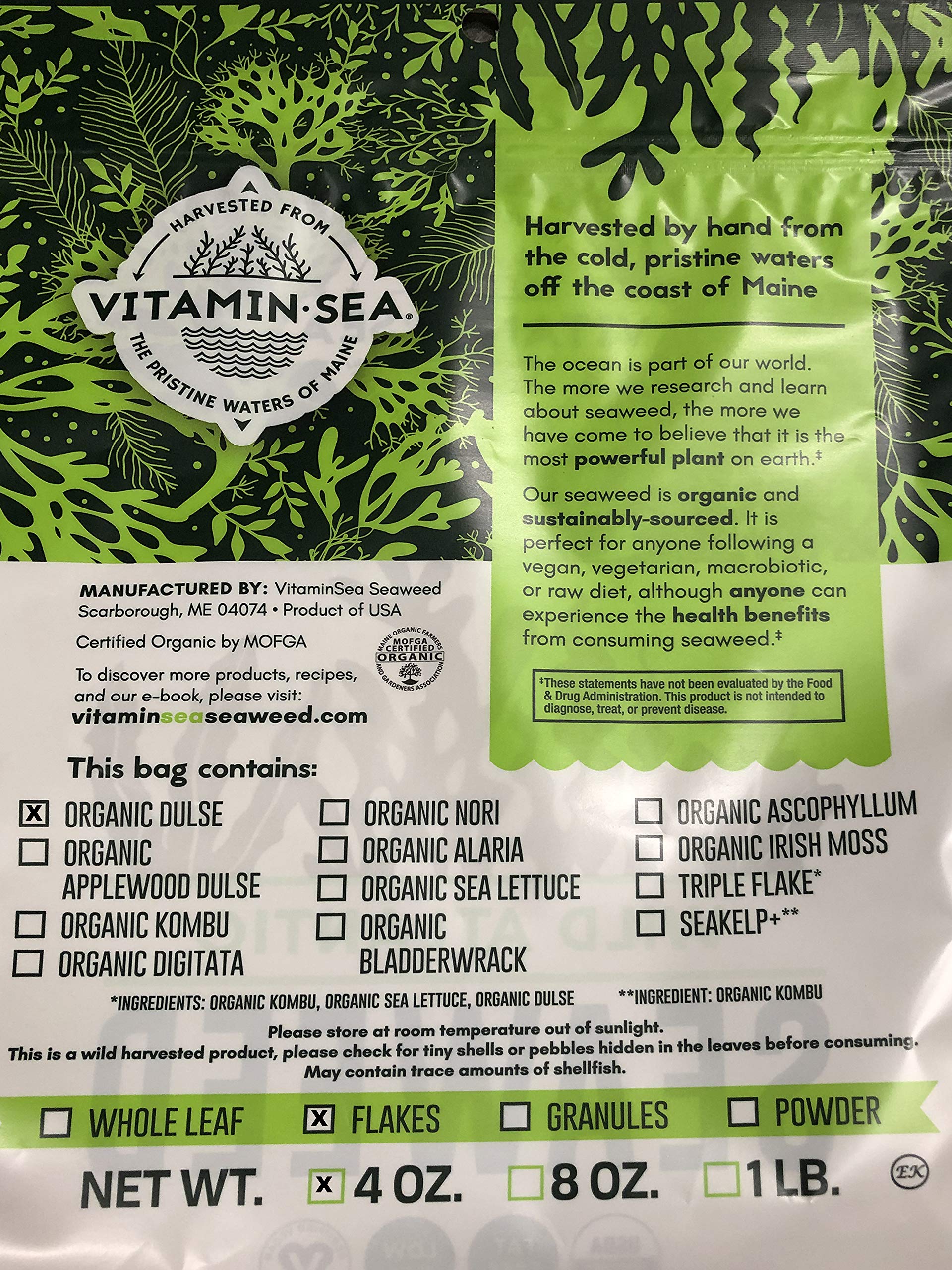 VitaminSea Organic Dulse Flakes Seaweed 4 oz / 112 G Maine Coast