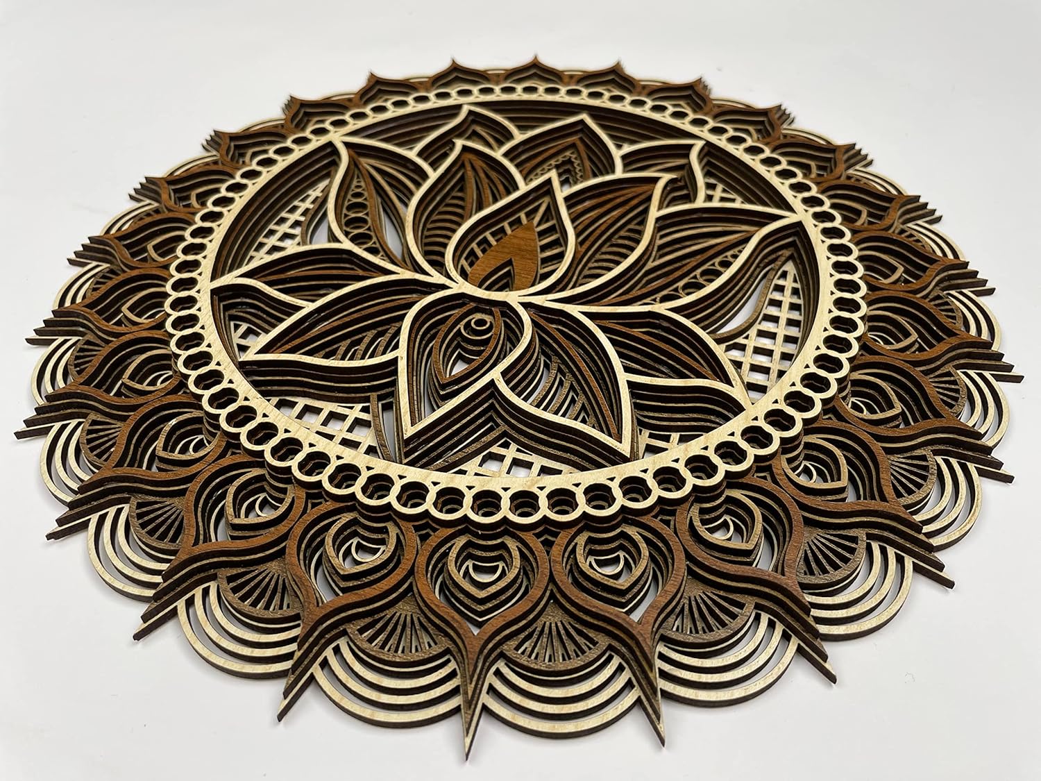 Mixed Media - Mandala Wall Art, Mandala Wood Wall Art Decor, Lotus Flower Wall Decoration, Layered Mandala (Large)