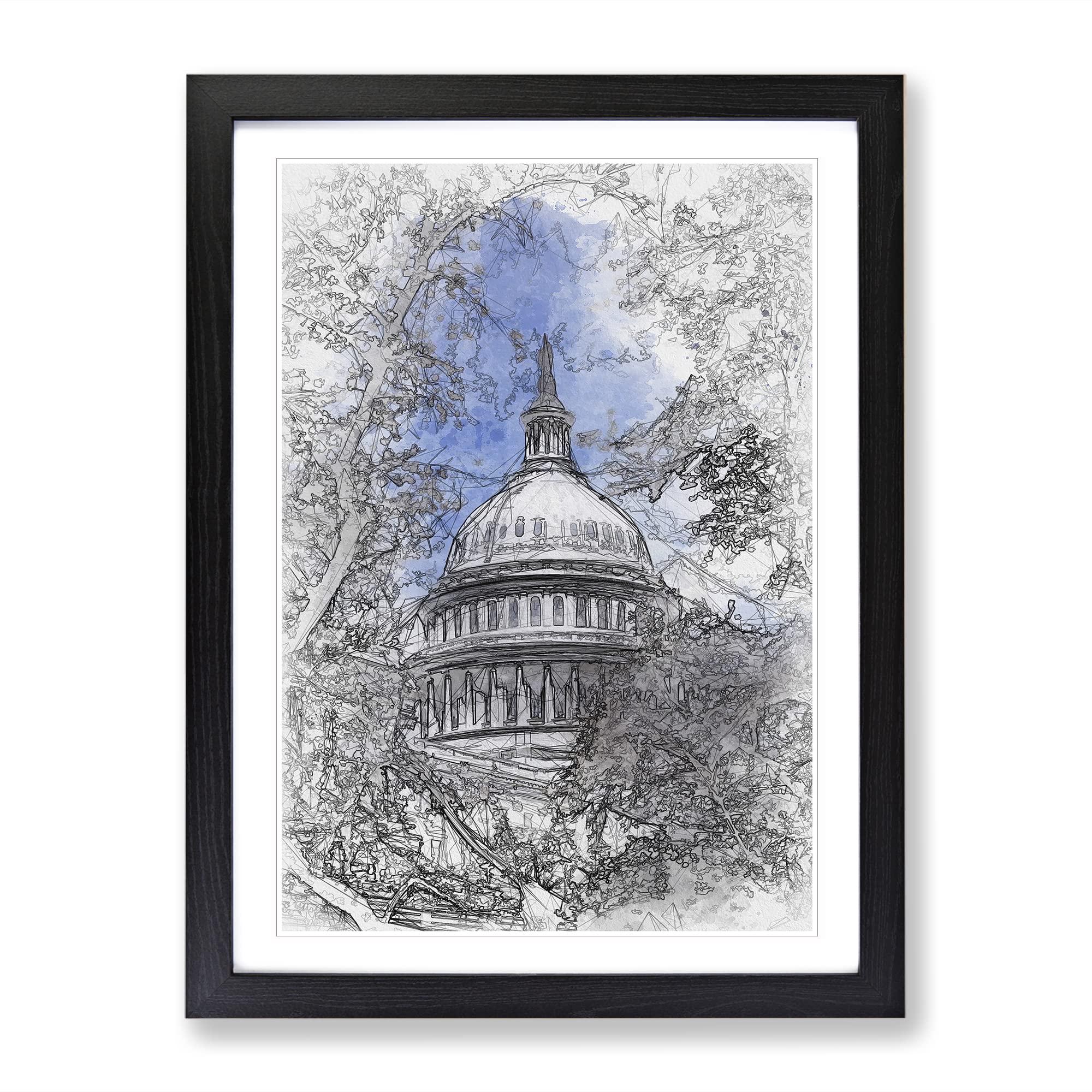 Capitol Hill & Cherry Blossom Tree In Abstract Modern Framed Wall Art Print, Ready to Hang Picture for Living Room Bedroom Home Office Décor, Black A4 (34 x 25 cm)