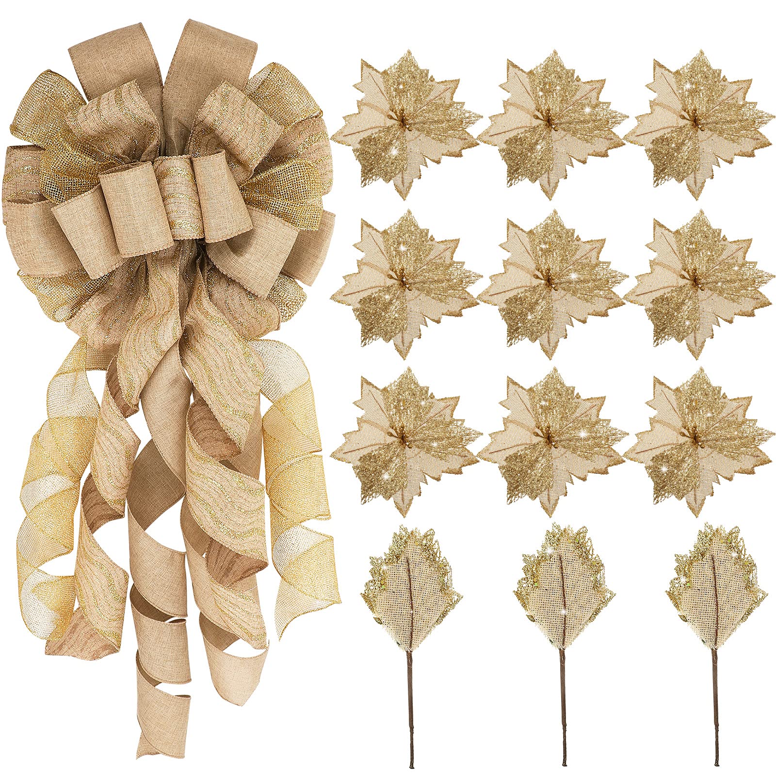 Syhood Flaxen 34 Inch Christmas Tree Topper Decor Large Wreath Bow Ornament Giant Hanging Christmas Bows Decorations and Artificial Flowers for Xmas Home Front Door Decors