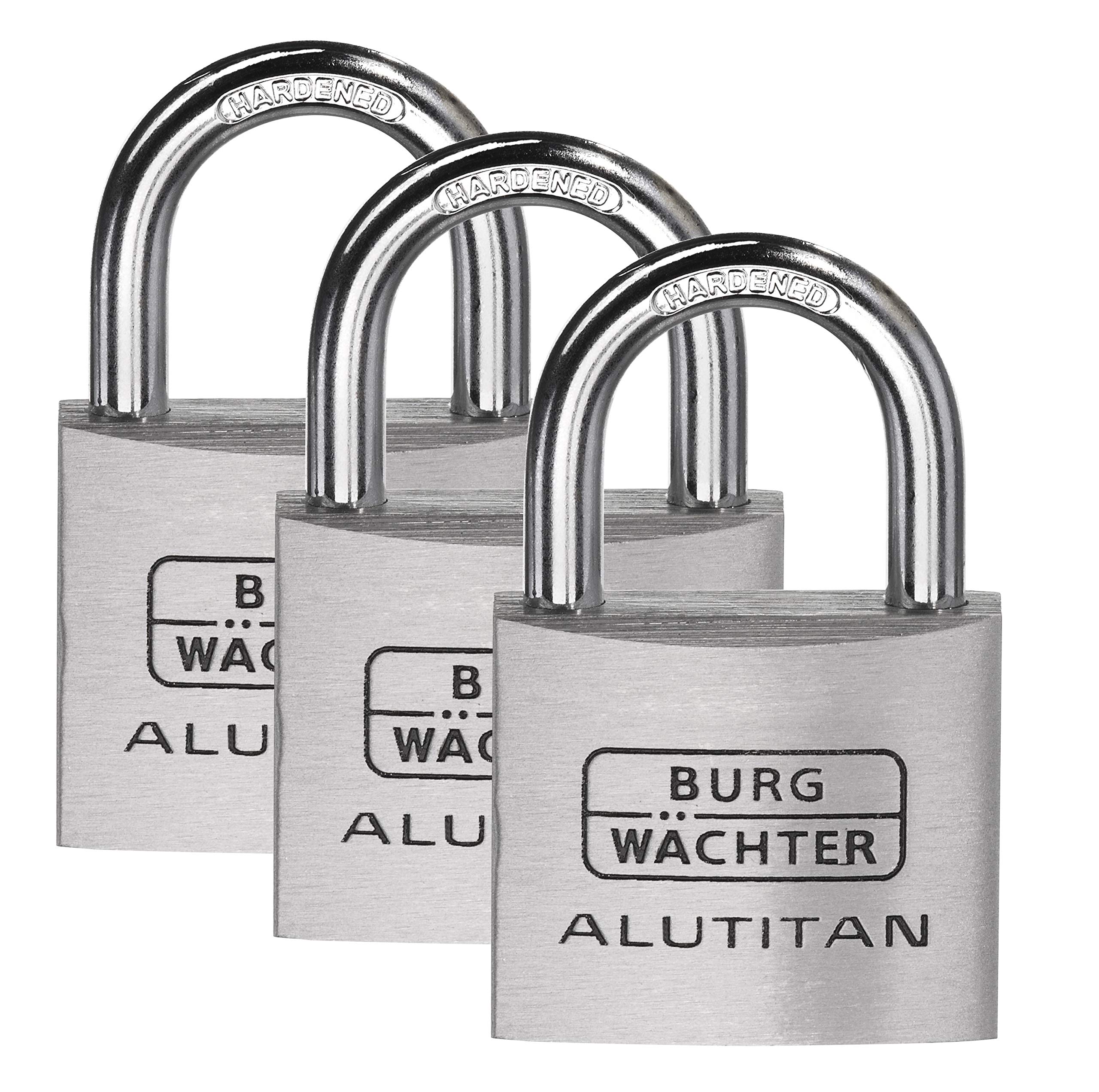 BURG-WÄCHTER Padlock, Set of 3, Keyed Alike, Aluminium Padlocks, 6.5 mm Shackle Thickness, Rust-Free Mechanism, 4 Keys, Alutitan Trio 770 40 SB