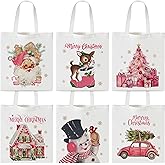 Laffact Christmas Canvas Bag Set - 6Pcs Pink Gold Santa Snowman Xmas Tree Vintage Canvas Tote Bags, Watercolor Print Handbag, Reusable Grocery Shopping Bags, Aesthetic Gifts for Christian Women Faith