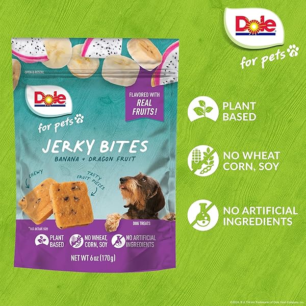 DOLE FOR PETS FRUIT JERKY BITES DOG TREATS, BANANA AND DRAGON FRUIT FLAVOR, CHEWY TREATS FLAVORED WITH REAL FRUIT, NO WHEAT, CORN, SOY, ARTIFICIAL FLAVORS, COLORS, OR PRESERVATIVES, 6 OZ