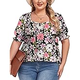 FOREYOND Women's Plus Size Summer Tops Puff Short Sleeve Blouses Square Neck Dressy Tunics Loose Casual T Shirts