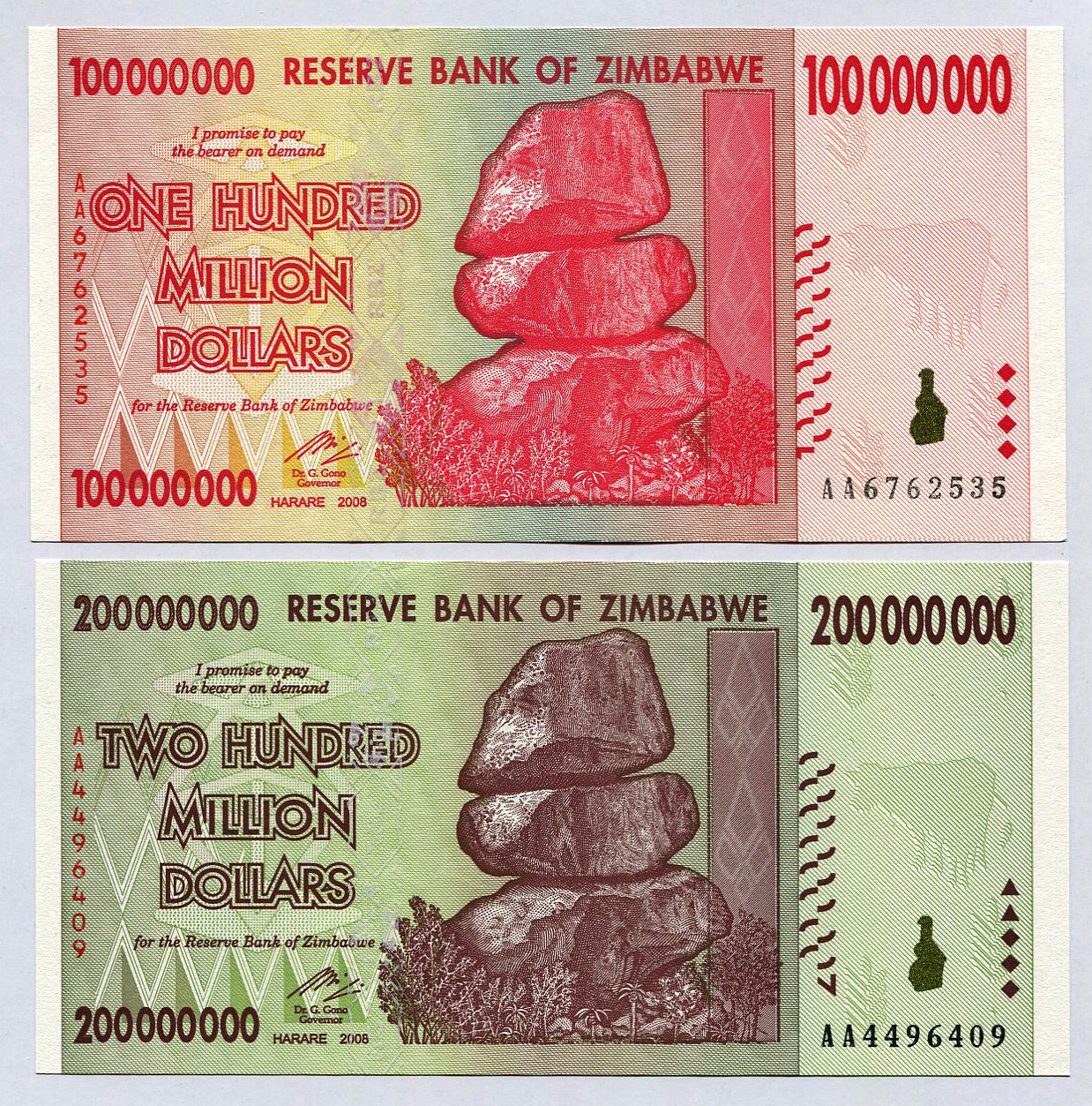 Zimbabwe 100, 200 Million Dollar, currency 2008 banknotes bills World inflation record