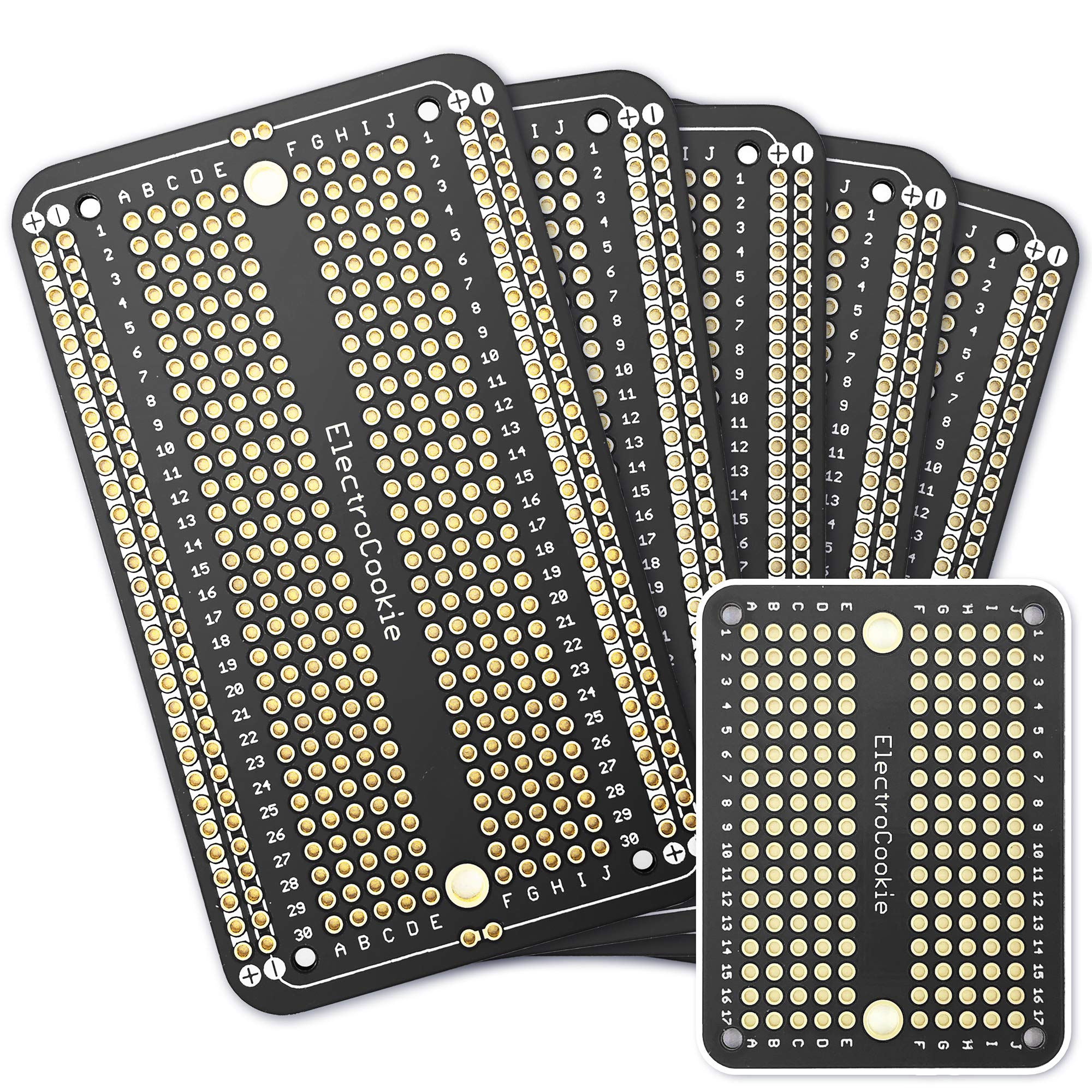 ElectroCookie PCB prototype bread cutting board for Arduino and DIY electronic projects, gold plated (5 packs + 1 mini board, matte black)