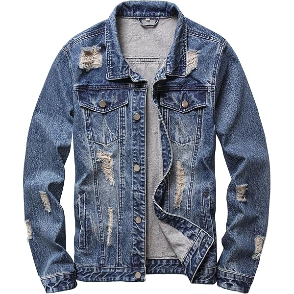 RANMCC Jean Jacket for Men Slim Fit Ripped Denim Jacket Coat (S