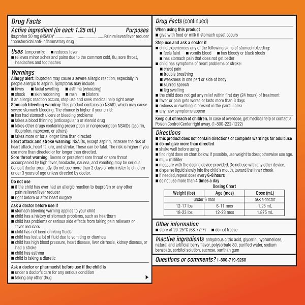 AMAZON BASIC CARE INFANTS’ IBUPROFEN ORAL SUSPENSION, 50 MG/1.25 ML, BERRY FLAVOR CONCENTRATED DROPS, DYE-FREE, 1 FL OZ (PACK OF 1)