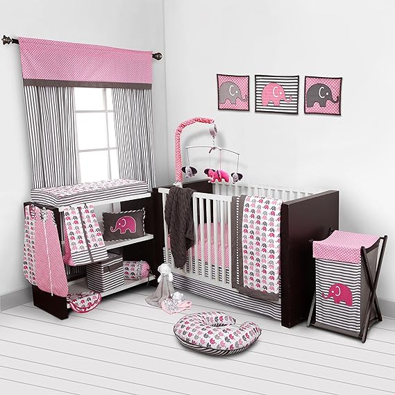 pink grey elephant baby bedding