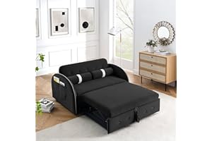 Eafurn 3 in 1 Convertible Loveseat Sofa with Pull Out Sleeper Bed, Small Love Seat Futon Couch Adjustable Backrest Sofabed, Black Velvet w/Lumbar Pillows