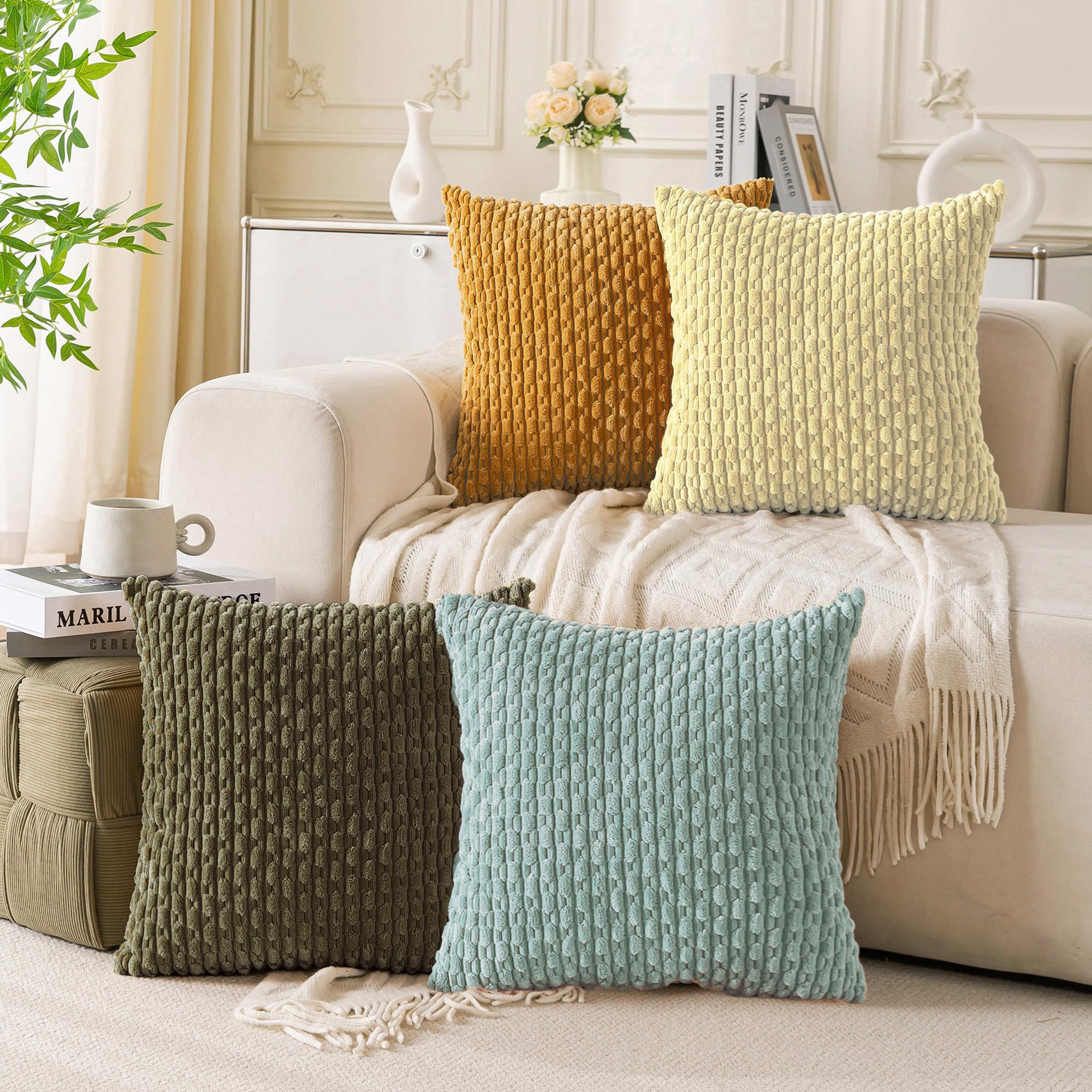Cozoomy Set of 4 Yellow Olive Aqua Decorative Throw Pillow Covers 24x24 Inch Corduroy Pillow Covers for Bed Couch Sofa Living Room Soft Square Cushion Cases Image