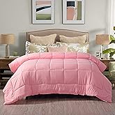 EVOLIVE All Season Pre Washed Soft Microfiber White Goose Down Alternative Comforter with Box Stitching (Pink, Full/Queen)