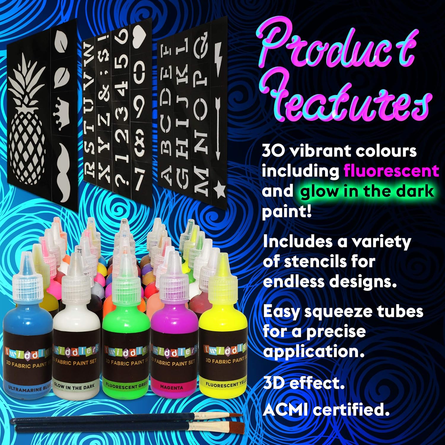 Twiddlers 30 Bottle Of 3d Fabric Paints 30 Different Bright