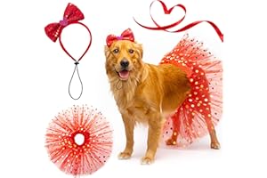 FLYSTAR Dog Costume - Heart Dog Headband & Dog Tutu Dress Outfit for Valentines Day - Cute Red Holiday, Party Accessories Clothe for Large Dogs