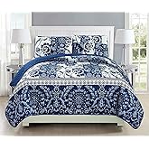 Fancy Collection 2pc Twin/Twin Extra Long Oversize Quilted Bedspread Coverlet Set Floral Navy Blue White New