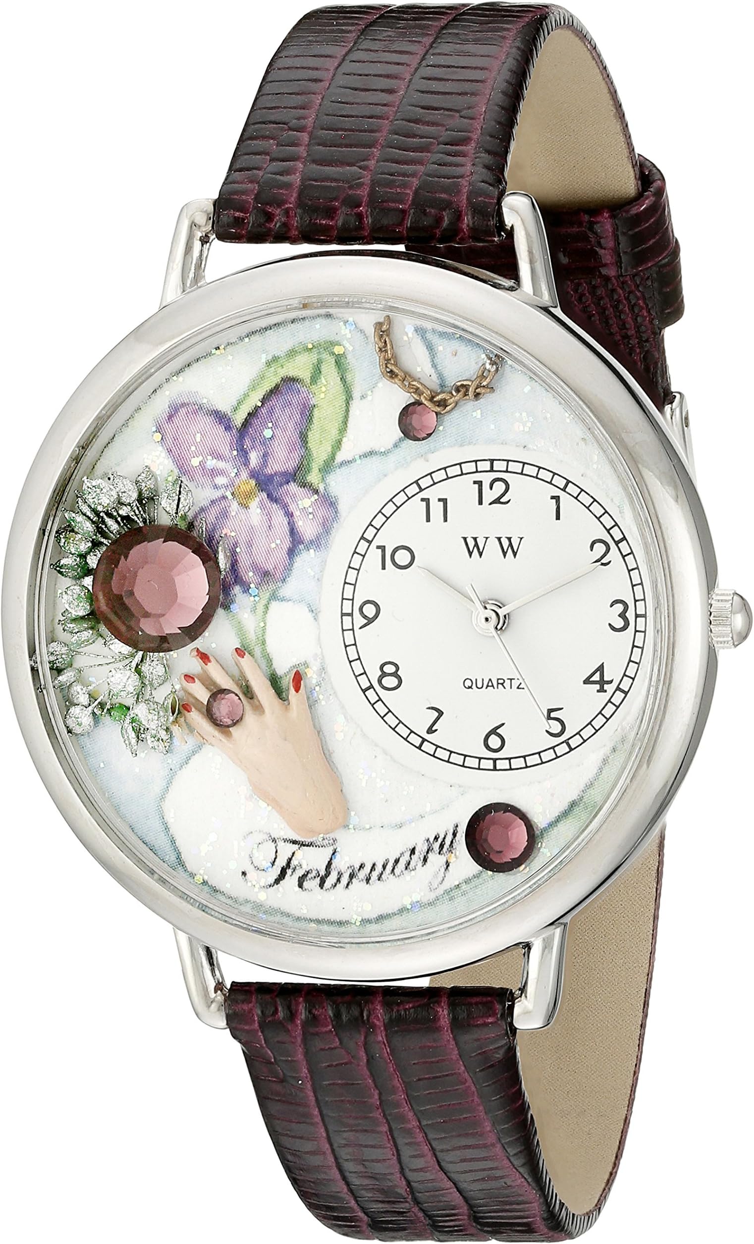 Birthstone: February Purple Leather and Silvertone Unisex Quartz Watch with White Dial Analogue Display and Multicolour Leather Strap U-0910002