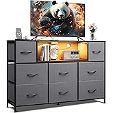 WLIVE Grey Dresser TV Stand for 45, 50, 55 inch TV, Entertainment Center with LED Lights & Charging Station, Chest of Drawers with 8 Fabric Drawers and Open Storage Shelves for Living Room, Hallway