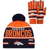 FOCO NFL unisex-adult Nfl Team Logo Adult Stretch Gloves With Big Wordmark Strip Pom Knit Hat Beanie Set