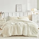 LenLuck Fluffy Queen Comforter Set, Cream White Comforter Queen with 2 Pillow Shams, Ultra Soft Thick Comforter, Fuzzy Bedding Comforter Sets, Cozy Queen Bed Set for All Seasons