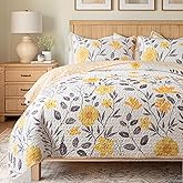 Soul & Lane May Flowers Gray and Yellow Quilt Set - Twin Size with 1 Sham, Summer Lightweight Floral Quilted Bedspread, Nature-Inspired Bedding with Flower and Botanical Pattern