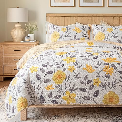 Soul Lane May Flowers Gray and Yellow Quilt Set Twin Size with
