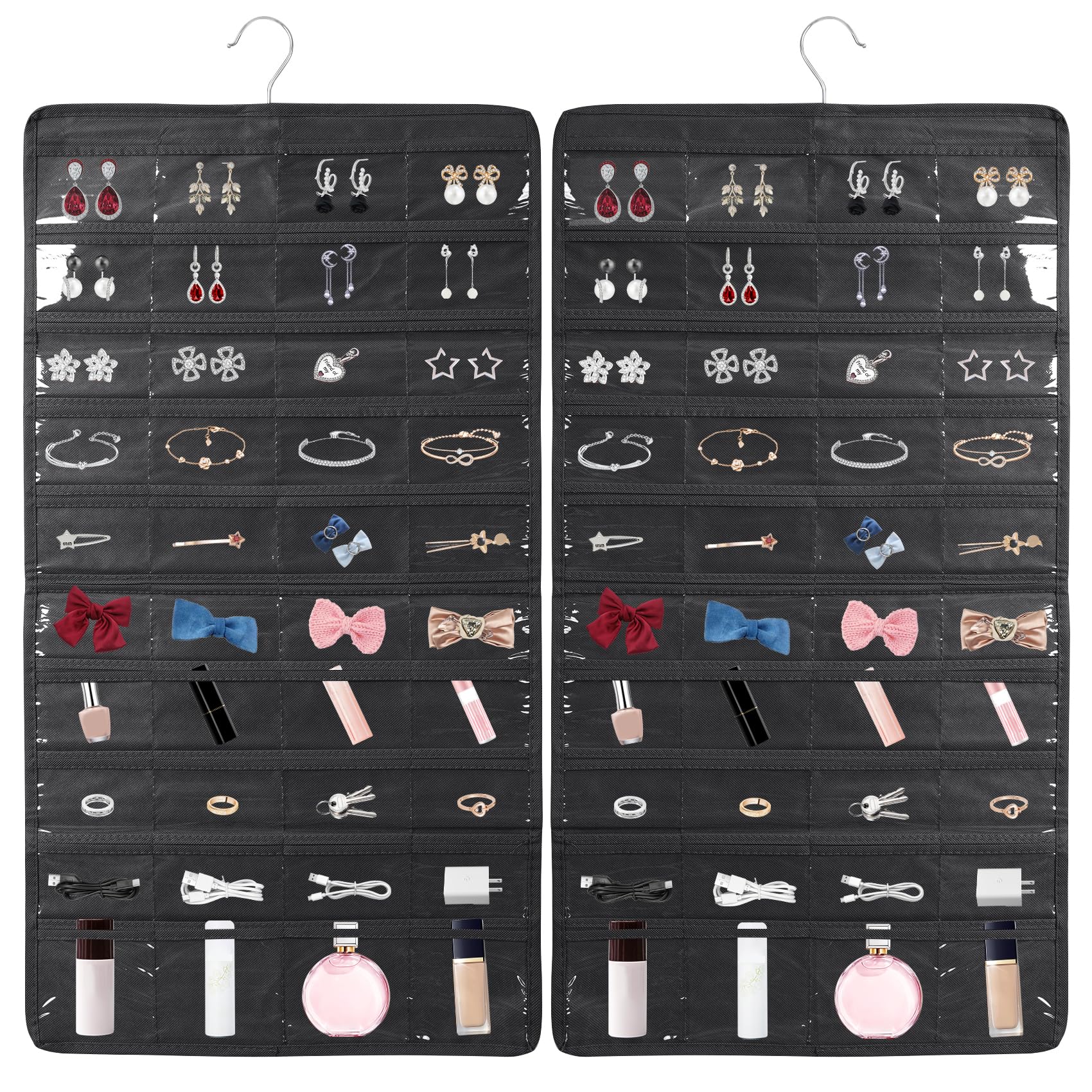 SAVORLIVING Hanging Jewelry Organizer, Dual Sided Closet Earring Storage with Hanger, 80 Clear Pockets Storage for Jewelry Necklaces, Bracelets (Black)