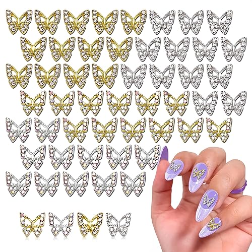 50 Pcs Butterfly Charms for Nails – Silver & Gold Butterfly Nail Charms, Long-Lasting Shine, Nail Decorating Kit for Any Occasion – Sparkly Nails Design for Eye-Catching Style
