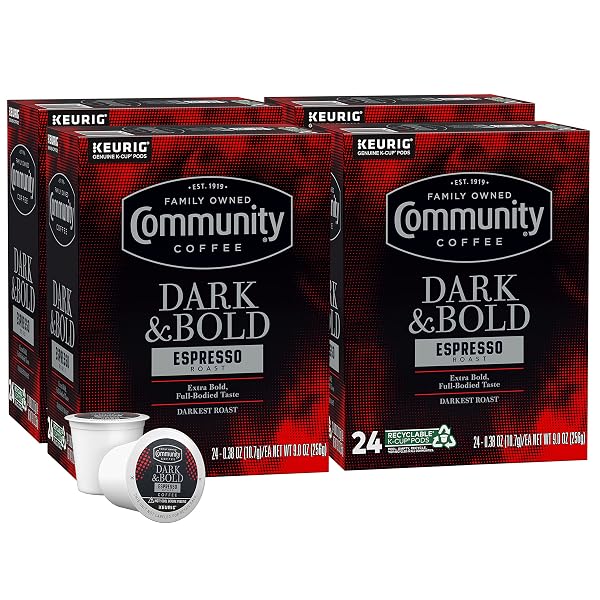 COMMUNITY COFFEE DARK & BOLD ESPRESSO ROAST 96 COUNT COFFEE PODS, COMPATIBLE WITH KEURIG 2.0 K-CUP BREWERS, 24 COUNT (PACK OF 4)