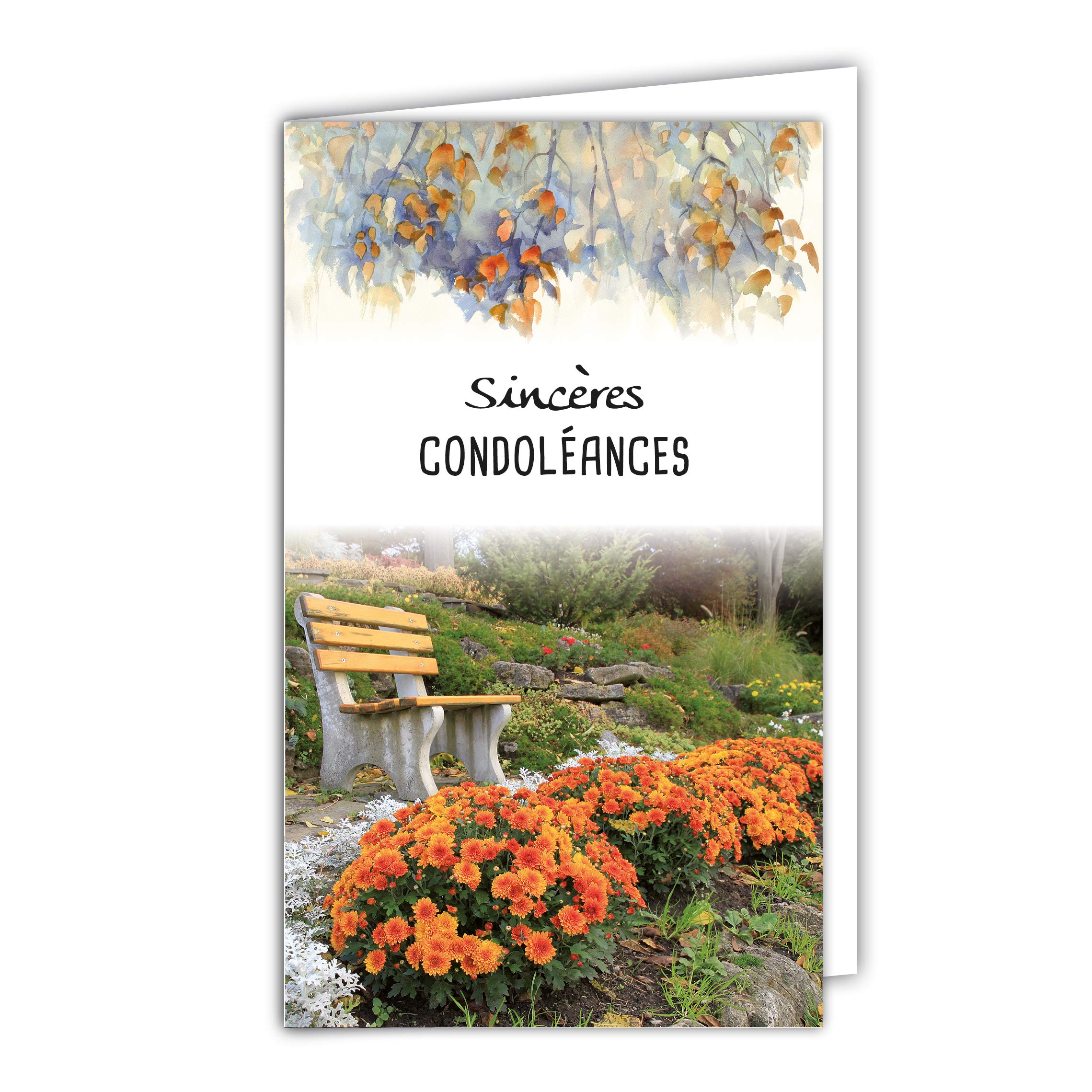 Small Grey Greetings Condolence Card - Dead Deuil Landscape - Peaceful Sun - Bench - Peace - Water - Grass - Made in France