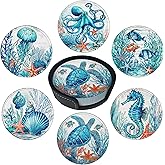 Sea Coasters Leather Round Drink Coasters 6 Pcs Set with Holderor for Cup Drink Coffee Table Bar Home Decor